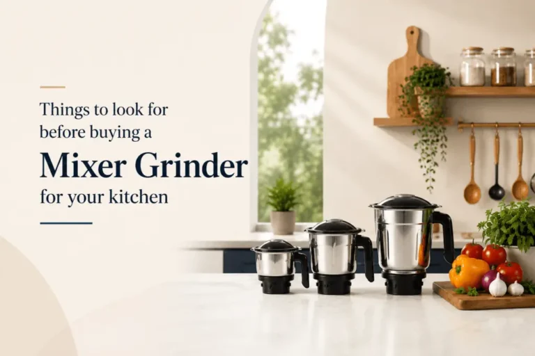 Mixer grinder with multiple jars displayed in a modern kitchen, highlighting important features to consider before purchasing.