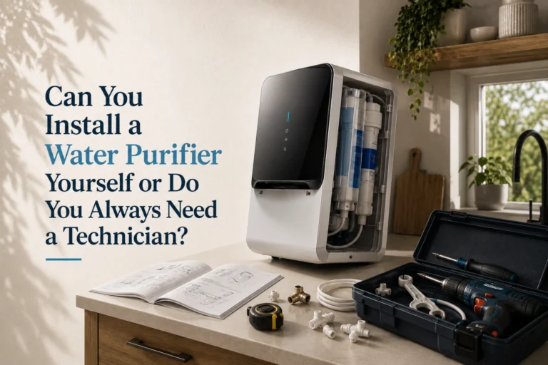 Home water purifier with open filter compartment, installation tools, and user manual, demonstrating DIY installation versus professional setup.
