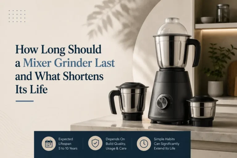 Modern mixer grinder with stainless steel jars highlighting expected lifespan, durability, and proper maintenance tips.