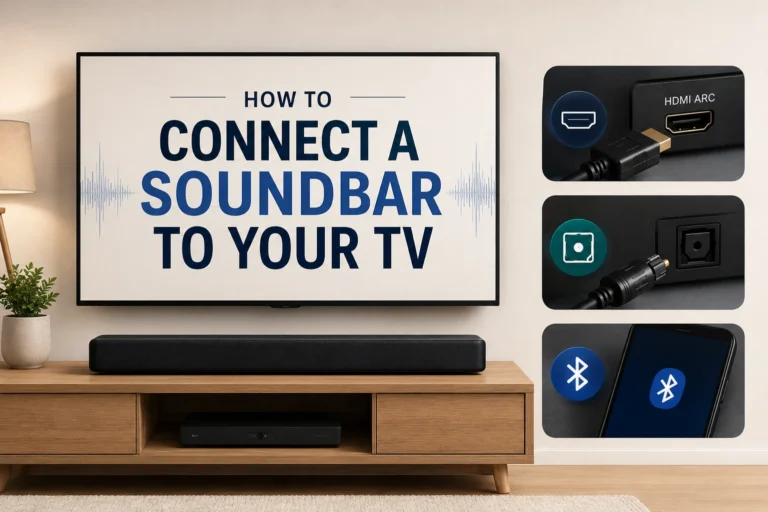 Soundbar connected to a TV with HDMI ARC, optical, and Bluetooth connection options shown for easy home audio setup.