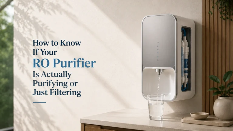 Modern RO water purifier dispensing clean water, highlighting the difference between proper purification and basic filtration performance.