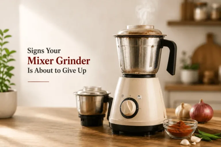 Old mixer grinder releasing steam, illustrating common warning signs of motor wear, overheating, and appliance failure.