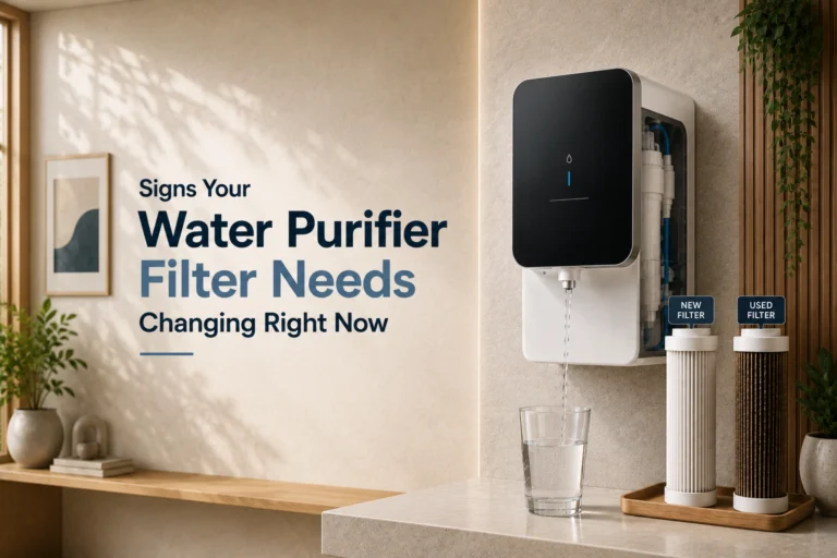 Water purifier with new and used filter cartridges, illustrating clear signs that indicate it is time to replace the filter.