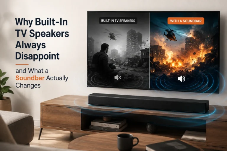 Comparison of built-in TV speakers and a soundbar, demonstrating improved clarity, immersive sound, and enhanced home entertainment experience.