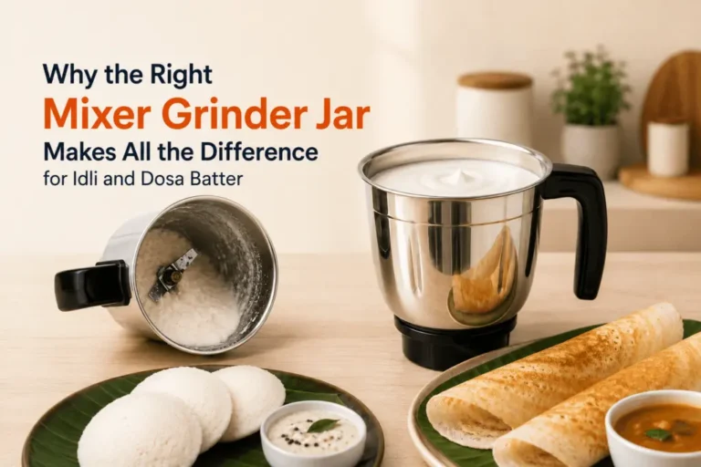 Mixer grinder batter jar beside freshly made idlis and dosas, showing the importance of choosing the right grinding jar.