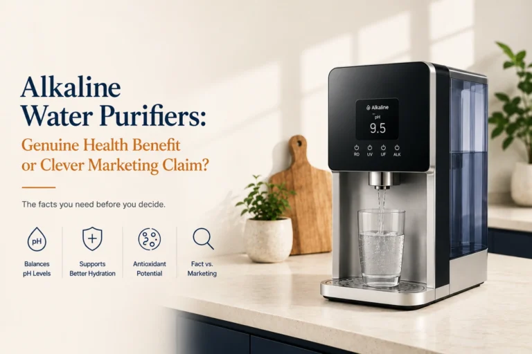Modern alkaline water purifier dispensing drinking water, illustrating the benefits, claims, and technology behind alkaline water purification.