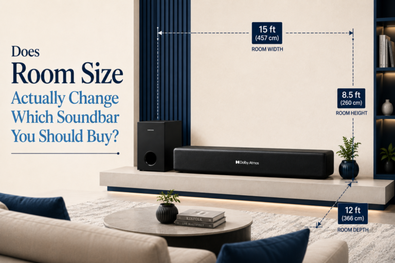 Dolby Atmos soundbar and subwoofer in a living room with room size measurements, illustrating how room dimensions affect soundbar selection.