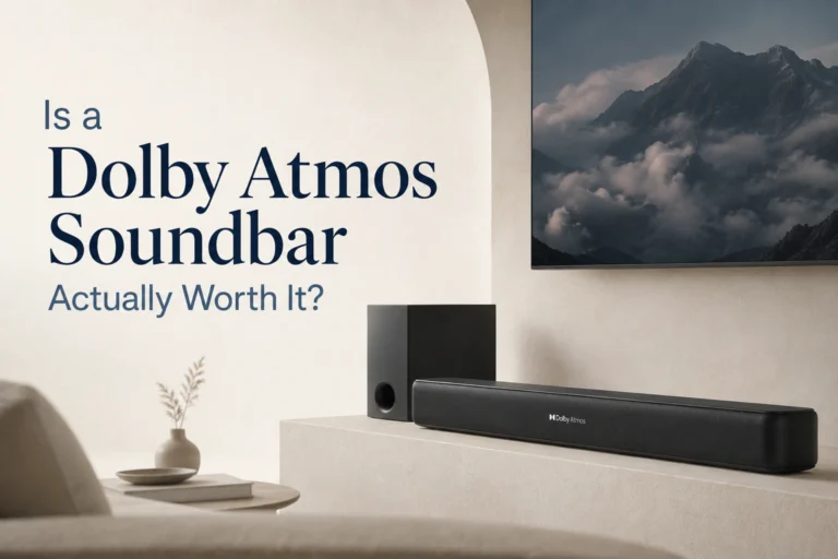 Dolby Atmos soundbar and wireless subwoofer placed below a large TV, highlighting immersive home theatre audio performance.