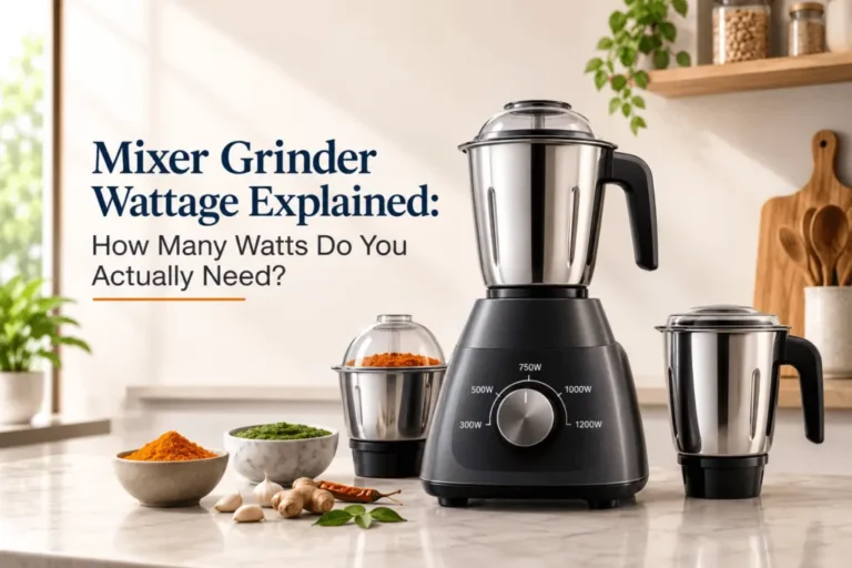 Mixer grinder with wattage settings and spice ingredients explaining the ideal motor power for different cooking needs.