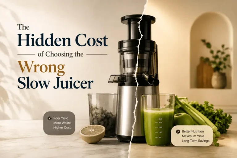 Split comparison of slow juicer performance showing poor juice yield versus better nutrition, efficiency, and long-term savings.