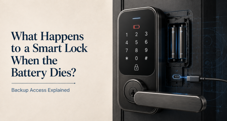 Smart lock with low battery indicator, replaceable batteries, and emergency USB charging port demonstrating backup access options.