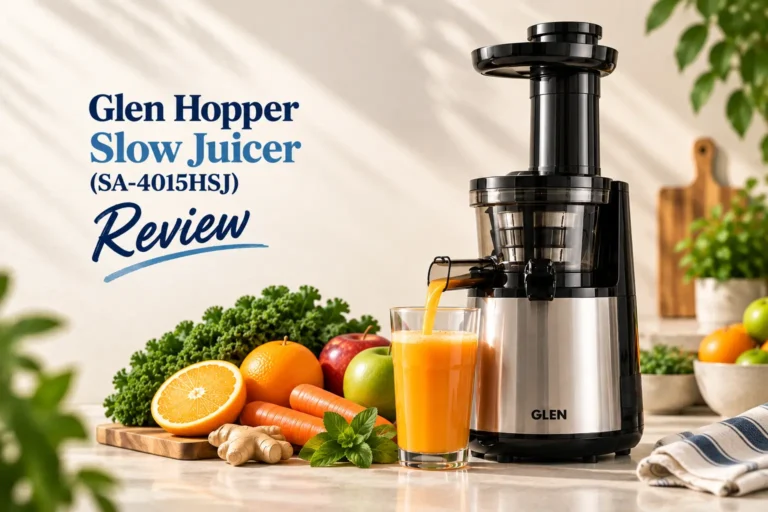Glen Hopper SA-4015HSJ slow juicer review with fresh juice and fruits