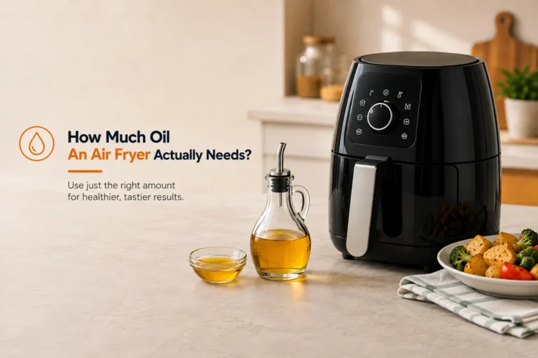 Air fryer with cooking oil showing the right amount needed