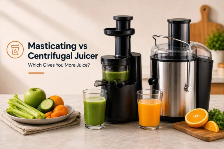 Masticating and centrifugal juicers compared for juice extraction