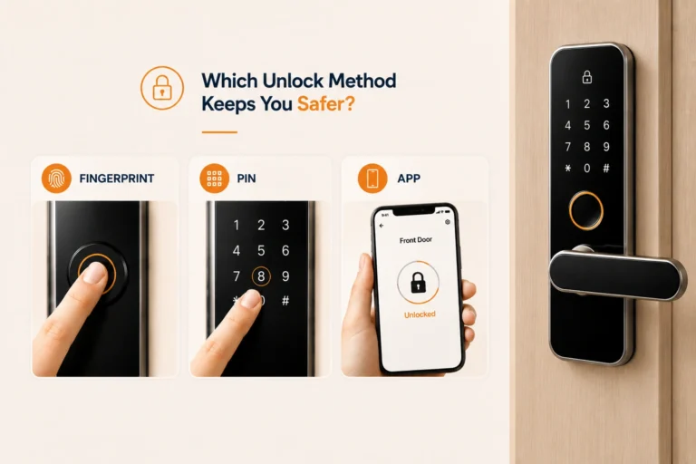 Smart lock comparison showing fingerprint, PIN, and app unlock methods