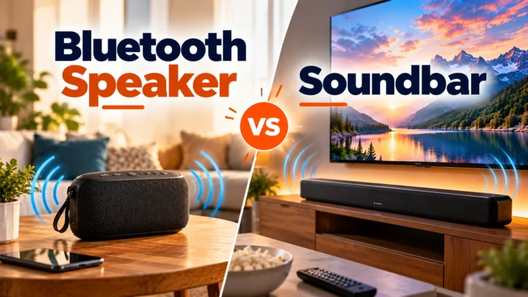 Bluetooth speaker vs soundbar comparison showing a portable speaker on a coffee table and a soundbar beneath a TV in a modern living room.