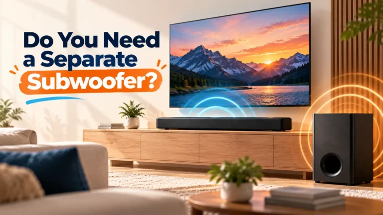 Soundbar and separate subwoofer setup for home audio and cinematic sound.