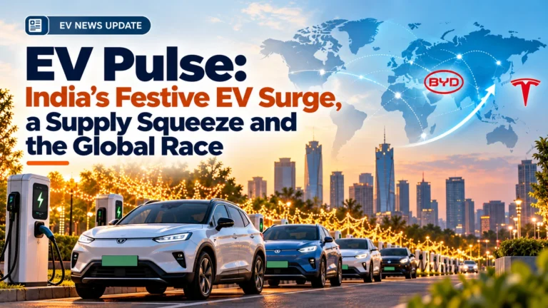EV news update featuring electric cars, charging stations, festive city lights, and a global map highlighting India's EV growth and the worldwide electric vehicle race.
