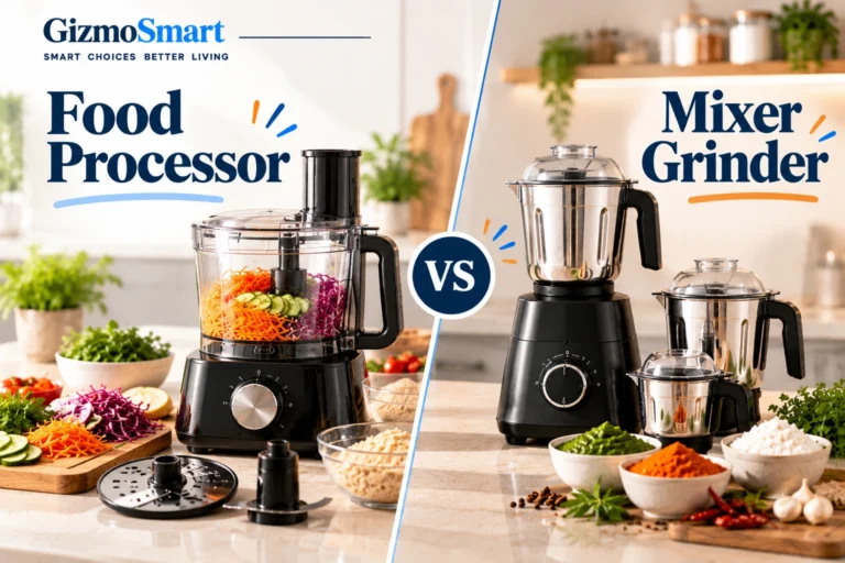 Food processor and mixer grinder side by side on a kitchen countertop, illustrating the differences between the two appliances.