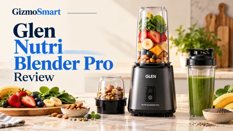 Glen Nutri Blender Pro with blending jar, grinder cup, and smoothie tumbler displayed on a kitchen countertop with fresh fruits, nuts, and greens for a product review.