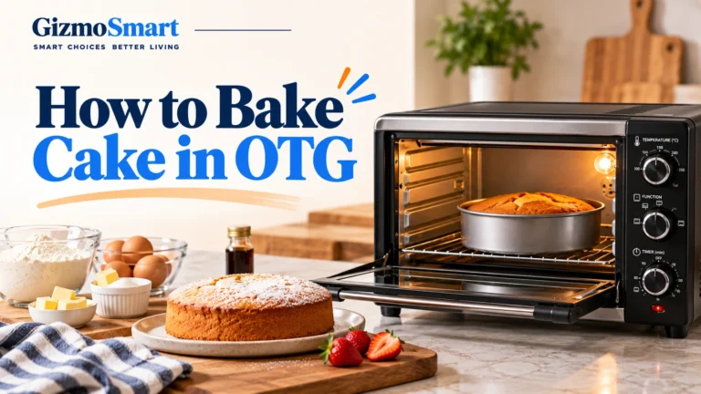 OTG oven baking a cake in a round tin, with a freshly baked cake, flour, eggs, butter, and baking ingredients arranged on a kitchen countertop.