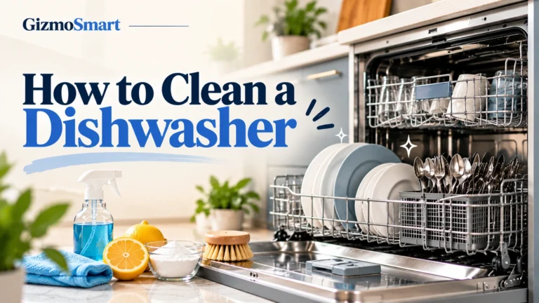 GizmoSmart dishwasher cleaning guide featuring an open stainless-steel dishwasher, clean dishes, and cleaning supplies including lemon, baking soda, and a scrub brush.