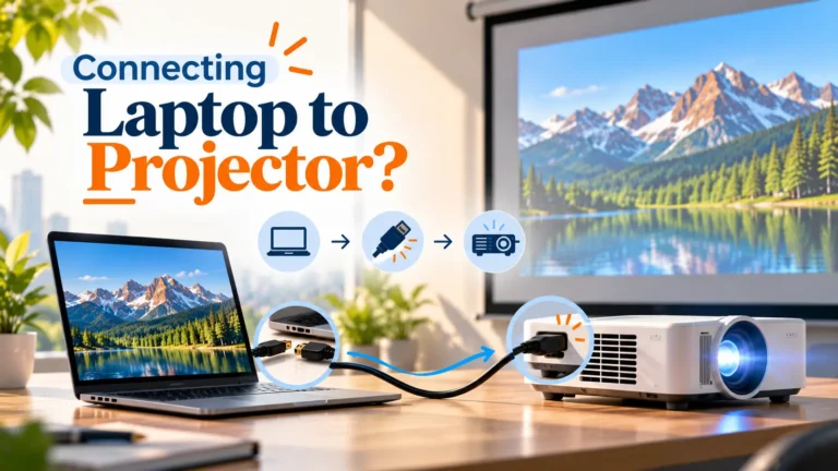 Laptop connected to a projector using an HDMI cable, displaying a mountain landscape on a projection screen, with icons illustrating the connection steps.