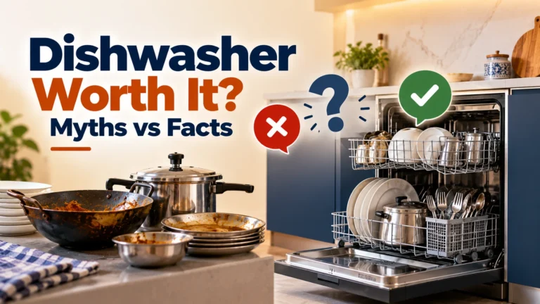 Dishwasher in a modern Indian kitchen with stainless steel utensils, plates, and cooking pots, illustrating dishwasher myths versus facts.