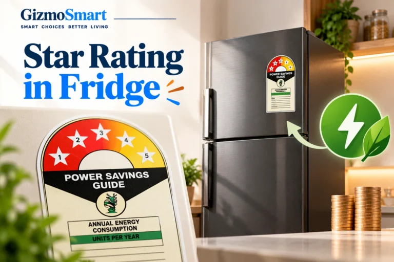 Stainless steel refrigerator with an energy star rating label, electricity-saving symbol, and coins representing potential energy cost savings.