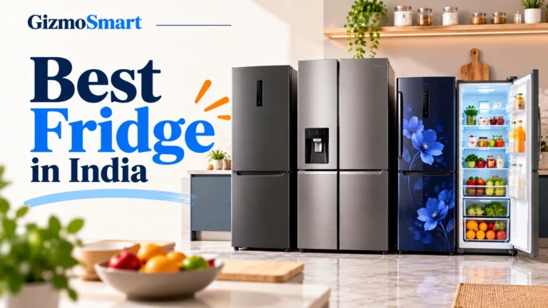 GizmoSmart featured image showing different refrigerator styles, including stainless steel multi-door models and a floral blue fridge, in a modern kitchen.